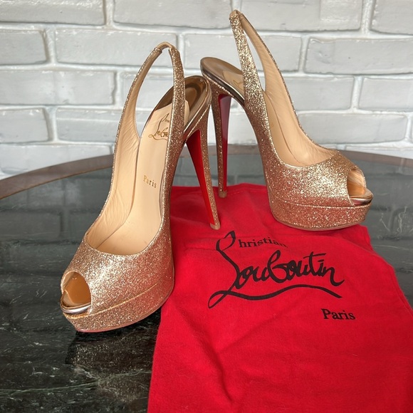 Christian Louboutin Gold Glitter peeptoe sligback platform heels